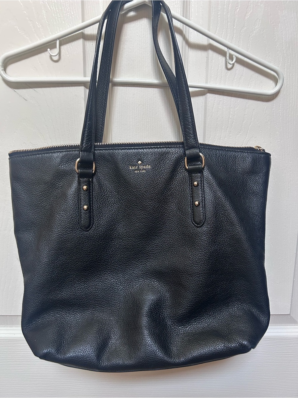 kate spade black leather tote with gold accents